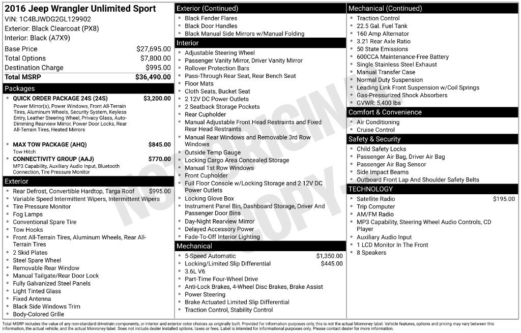 Used 2016 Jeep Wrangler Unlimited Sport w/ Quick Order Package 24S AWD/4WD image 52