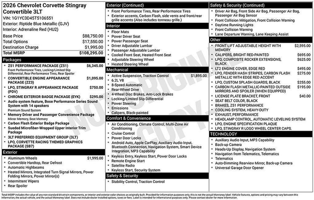 New 2026 Chevrolet Corvette Stingray Premium Conv w/ Z51 Performance Package image 8