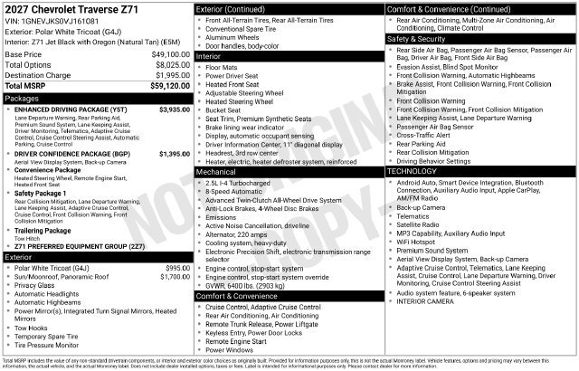 New 2027 Chevrolet Traverse Z71 w/ Enhanced Driving Package AWD/4WD image 4