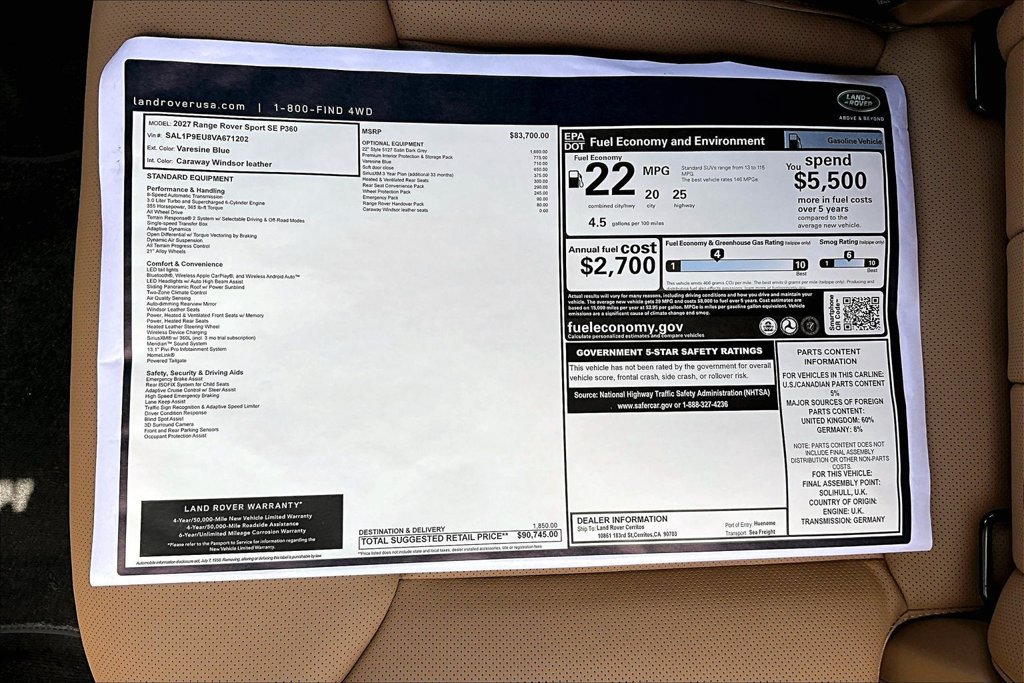 New 2027 Land Rover Range Rover Sport SE AWD/4WD image 14