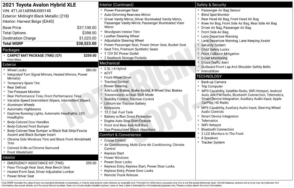 Used 2021 Toyota Avalon XLE w/ Carpet Mat Package (TMS) FWD image 40
