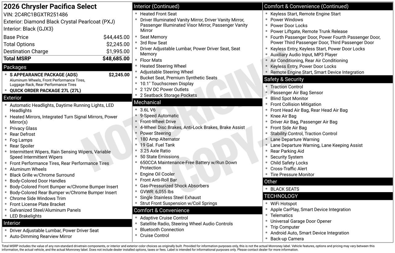 New 2026 Chrysler Pacifica Select w/ S Appearance Package FWD image 32
