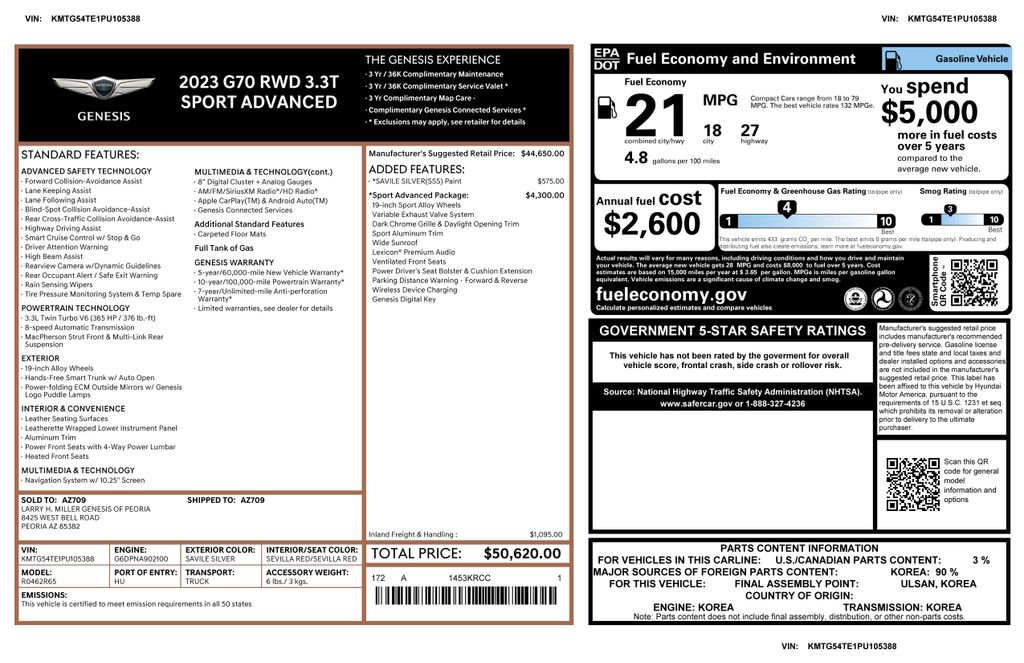 Used 2023 Genesis G70 3.3T w/ Sport Advanced Package image 3