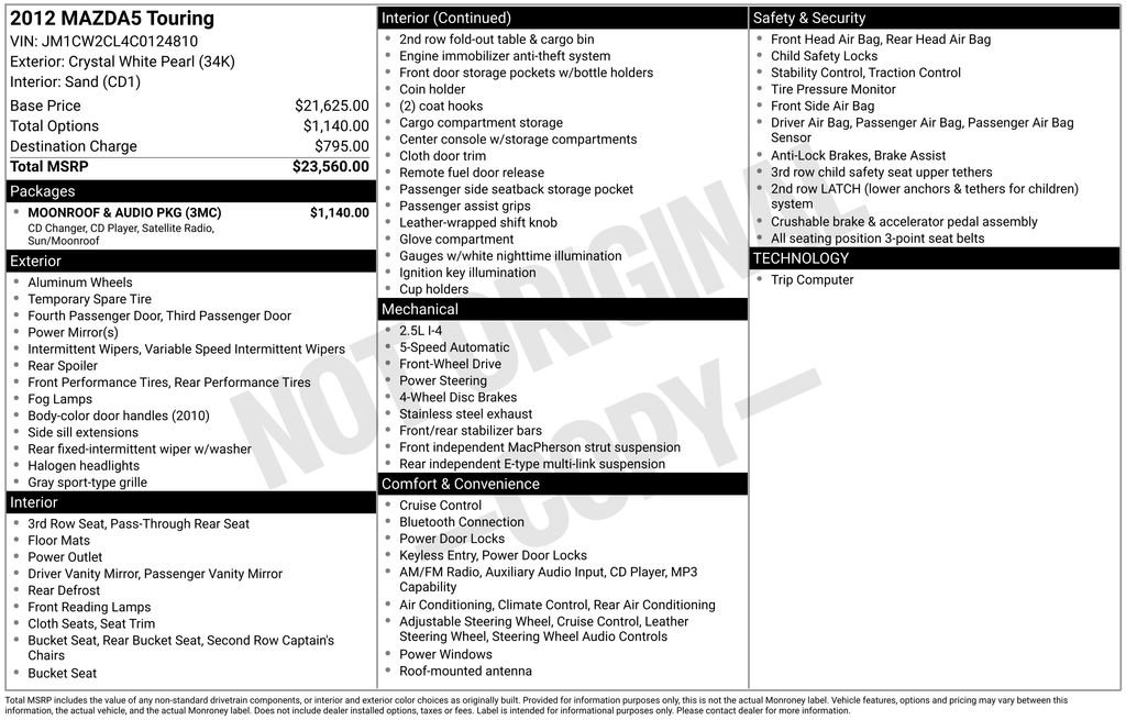 Used 2012 MAZDA MAZDA5 Touring w/ Moonroof & Audio Pkg FWD image 6