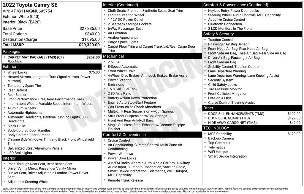 Used 2022 Toyota Camry SE w/ Carpet Mat Package (TMS) FWD image 39