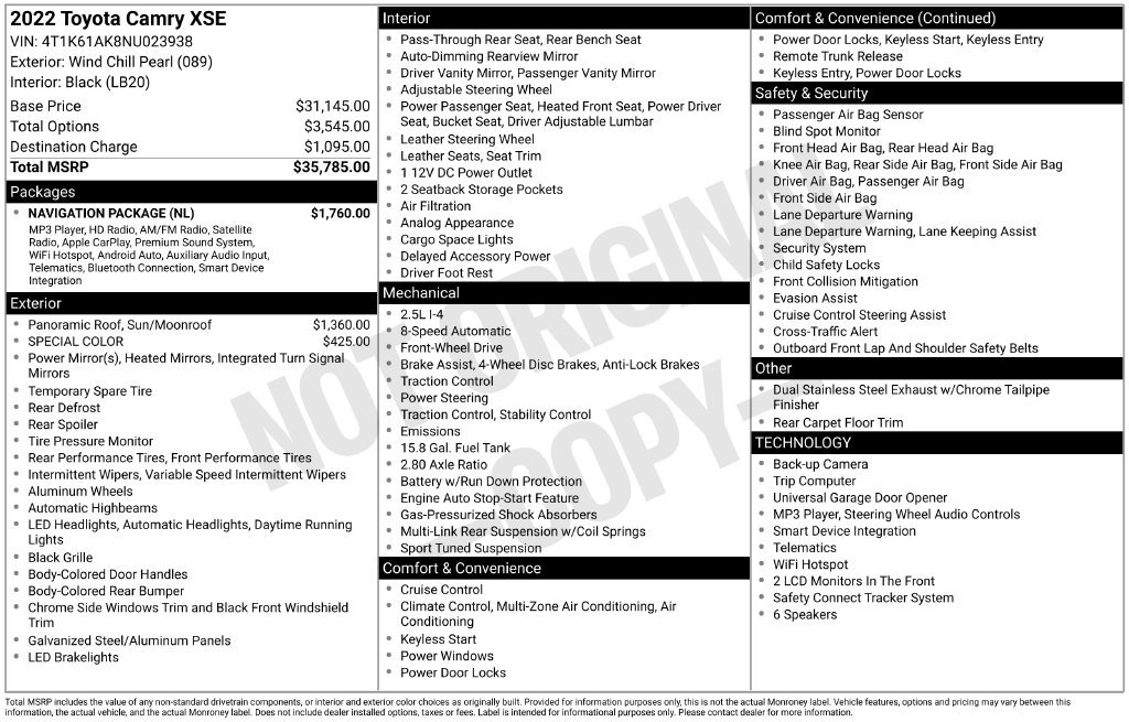 Used 2022 Toyota Camry XSE w/ Navigation Package FWD image 42