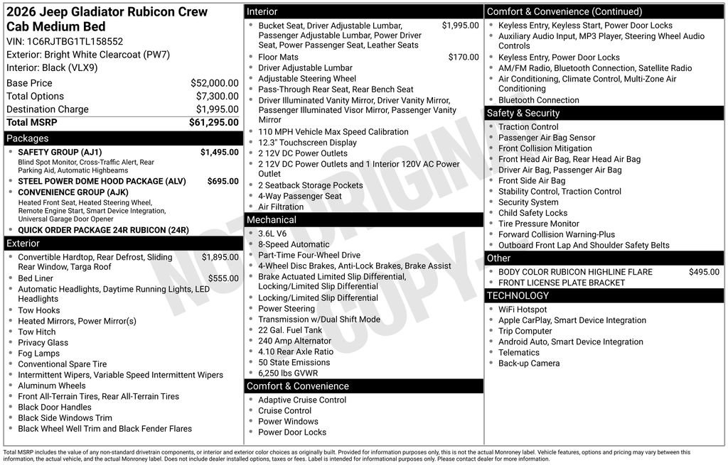 New 2026 Jeep Gladiator Rubicon w/ Safety Group AWD/4WD image 3