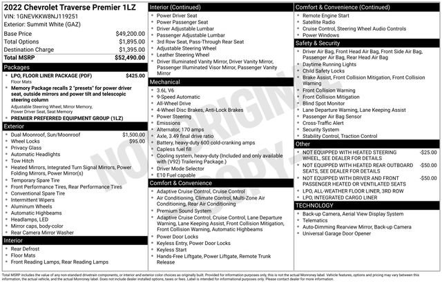 Used 2022 Chevrolet Traverse Premier w/ LPO, Floor Liner Package image 5