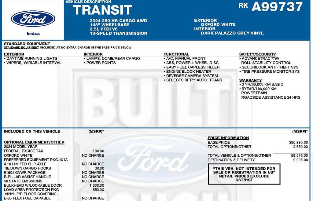 Used 2024 Ford Transit 250 148 High Roof Extended AWD w/ Load Area Protection Package image 3