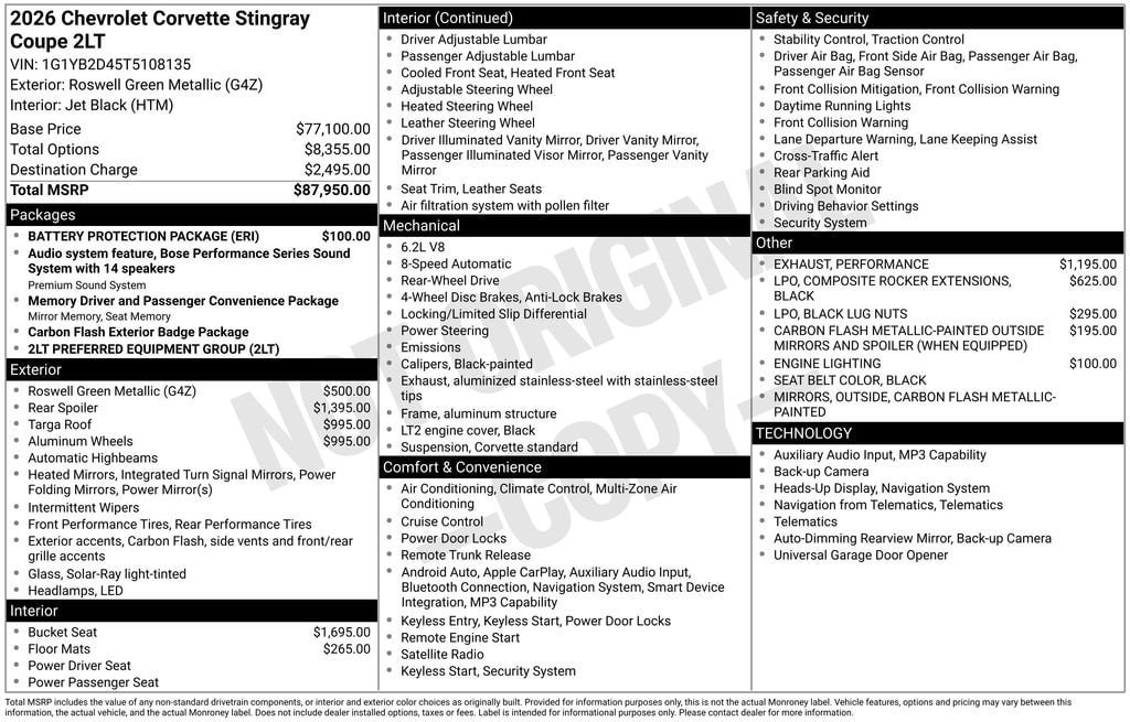 New 2026 Chevrolet Corvette Stingray Preferred Cpe w/ Battery Protection Package image 11