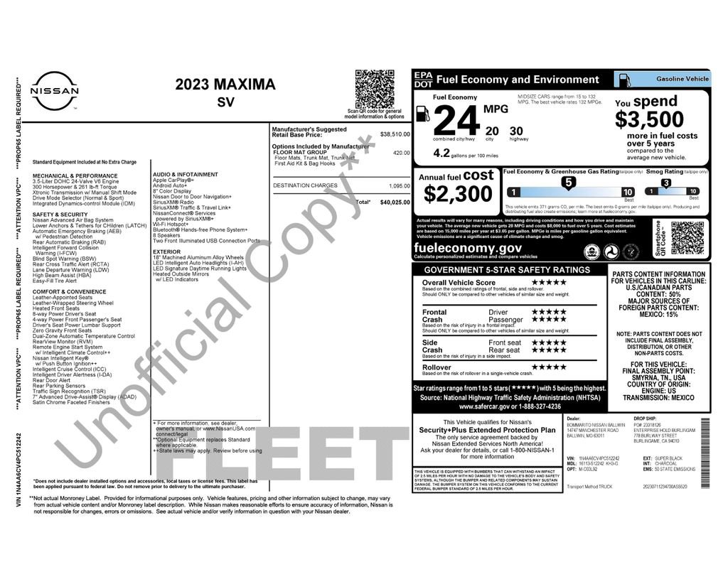 Used 2023 Nissan Maxima SV w/ Floor Mat Group image 32