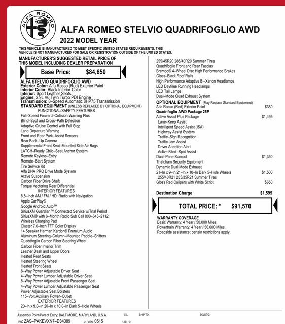 Used 2022 Alfa Romeo Stelvio Quadrifoglio w/ Active Assist Plus Package image 5