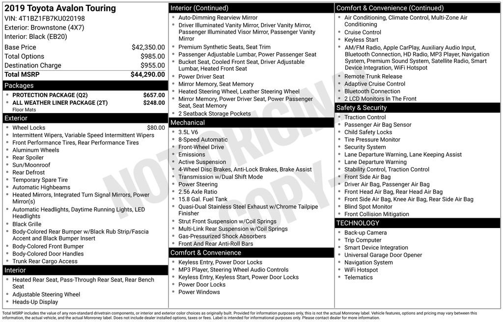 Used 2019 Toyota Avalon Touring w/ Protection Package image 17