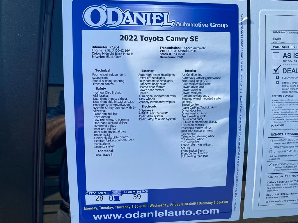 Used 2022 Toyota Camry SE FWD image 25