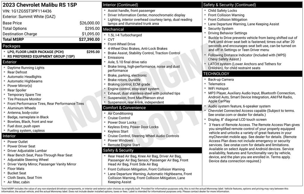 Used 2023 Chevrolet Malibu RS w/ LPO, Floor Liner Package FWD image 6
