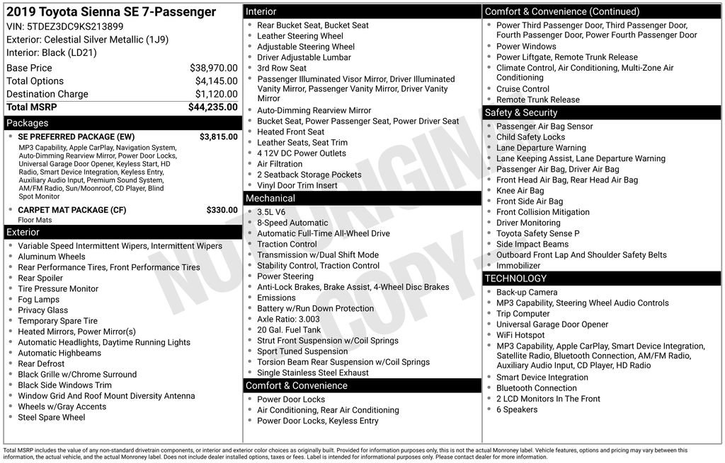 Used 2019 Toyota Sienna SE w/ SE Preferred Package AWD/4WD image 15