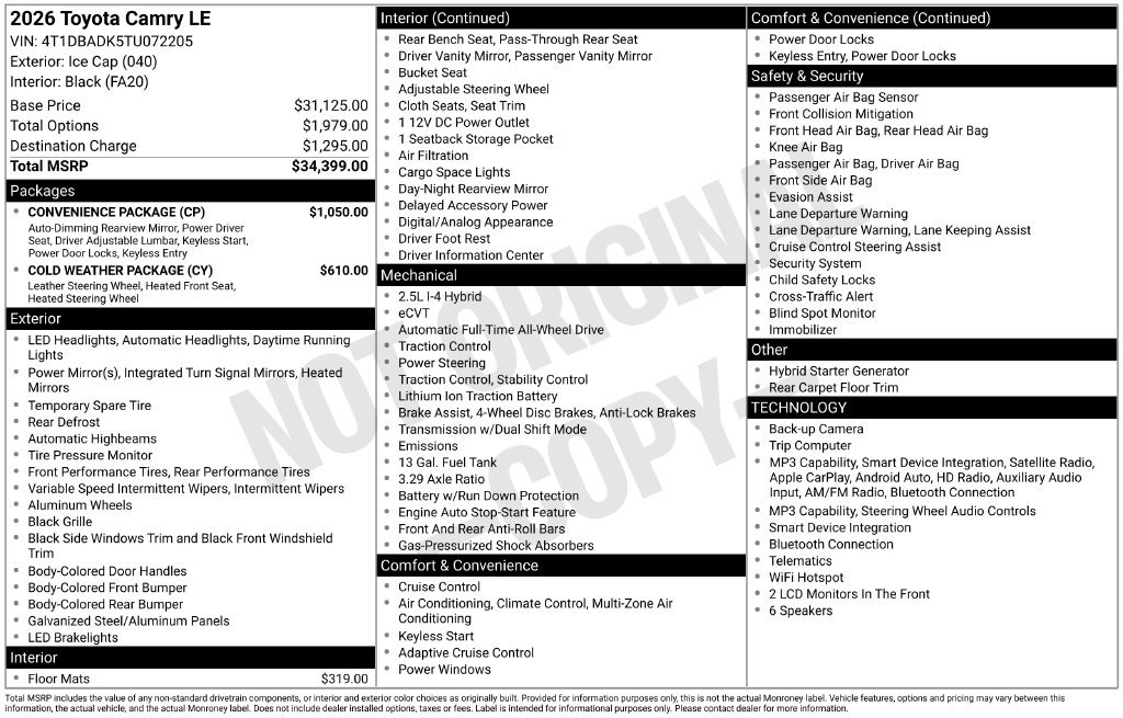 New 2026 Toyota Camry LE w/ Convenience Package AWD/4WD image 4
