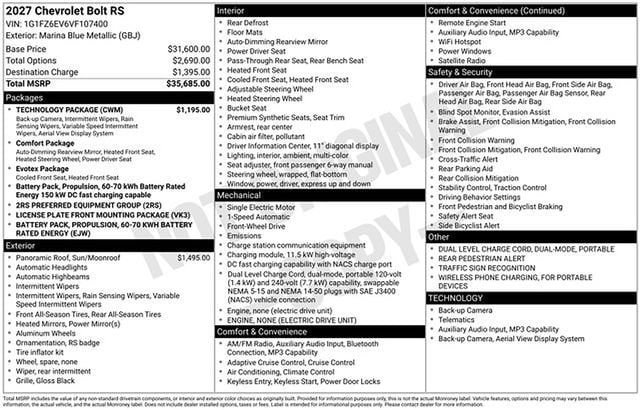 New 2027 Chevrolet Bolt RS w/ Technology Package FWD image 27
