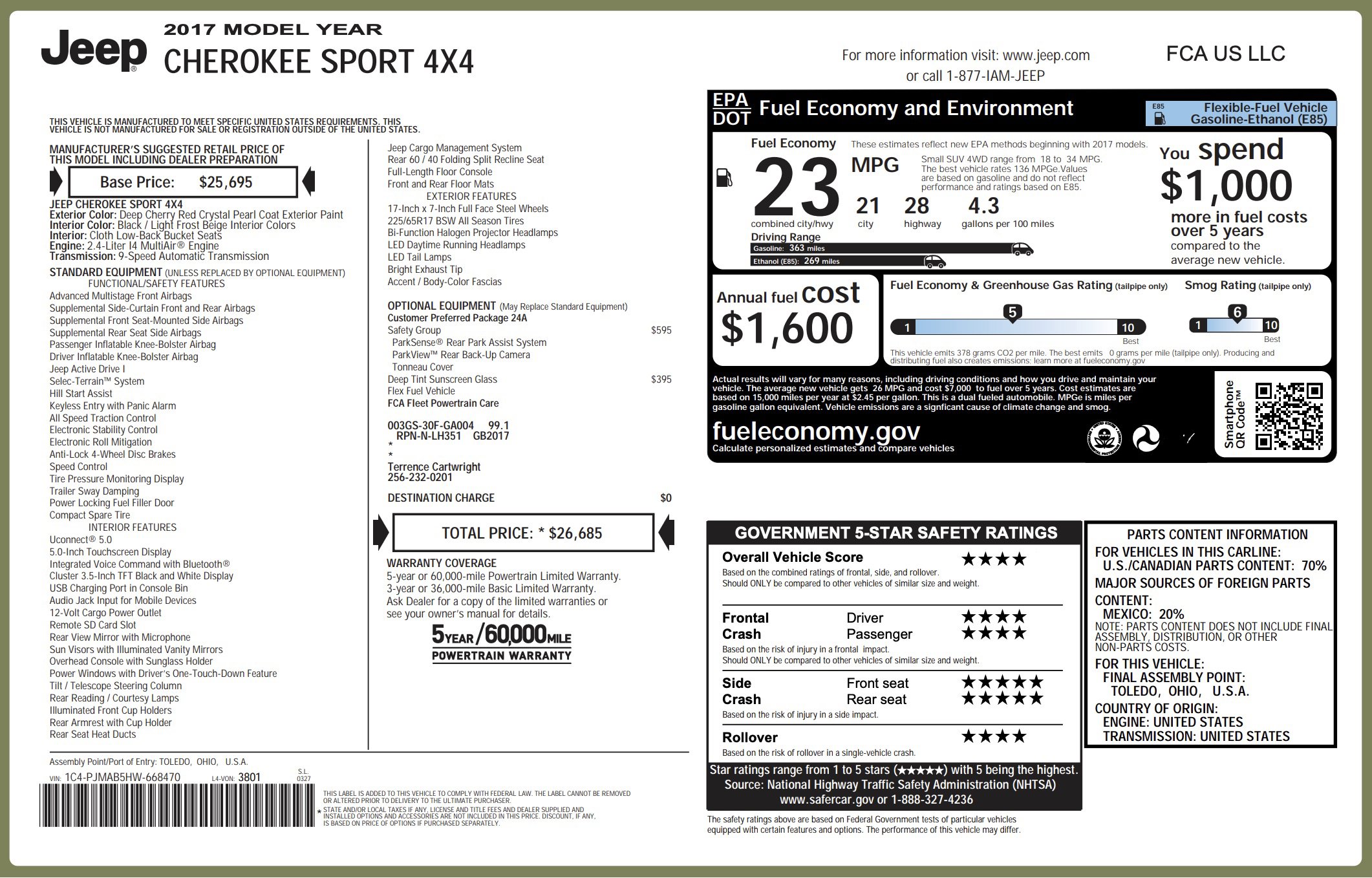 Used 2017 Jeep Cherokee Sport w/ Safety Group image 5