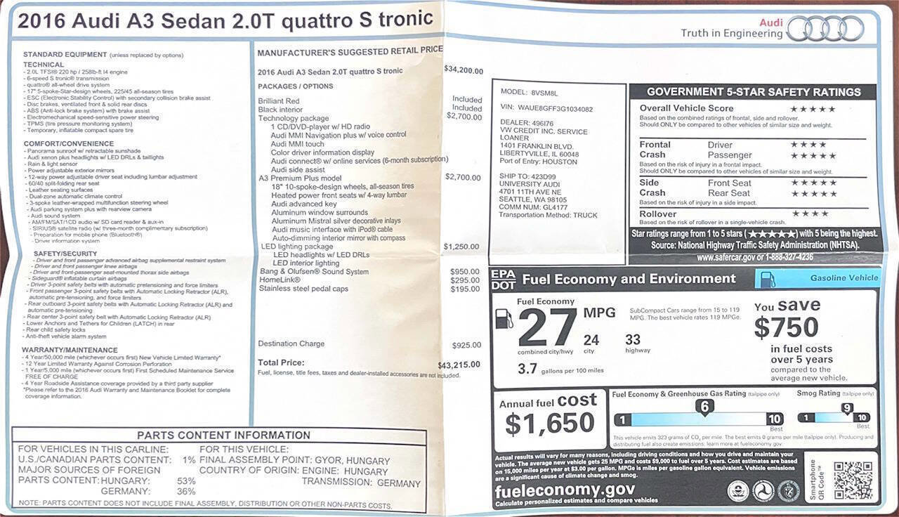 Used 2016 Audi A3 2.0T Premium Plus w/ Technology Package image 29