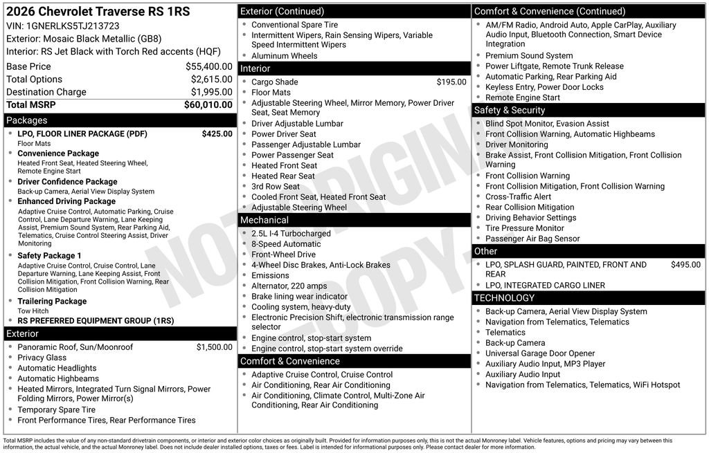 New 2026 Chevrolet Traverse RS w/ LPO, Floor Liner Package FWD image 4