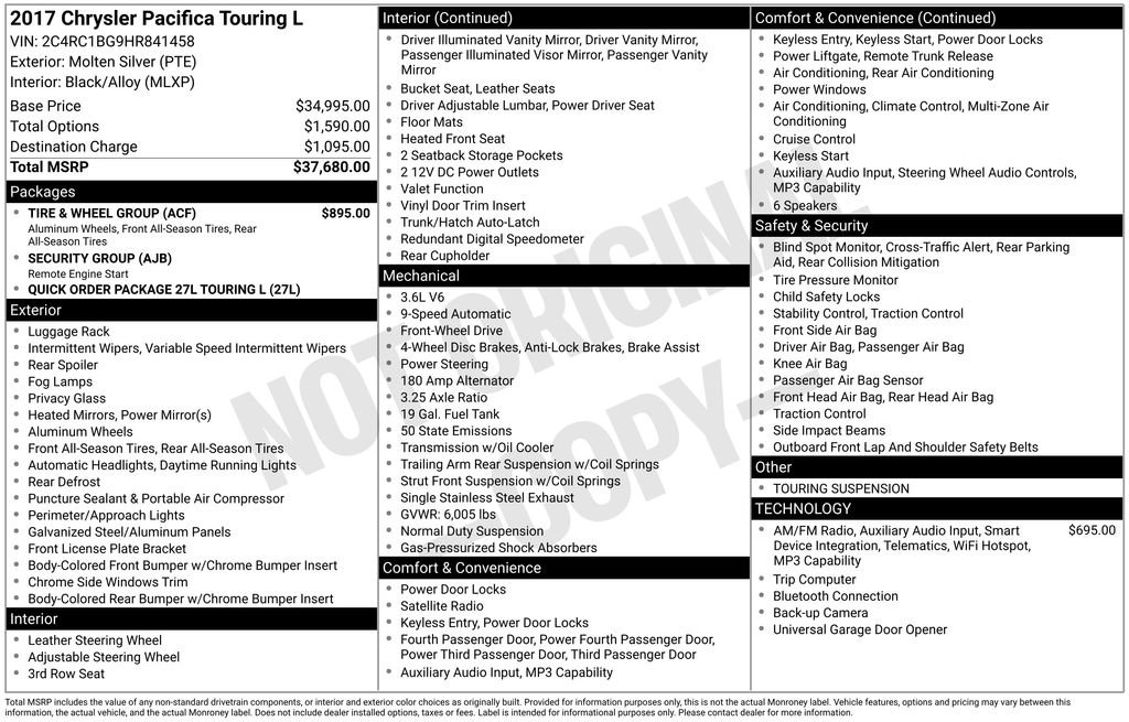 Used 2017 Chrysler Pacifica Touring-L w/ Tire & Wheel Group FWD image 48