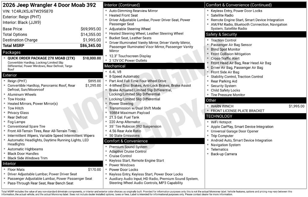 New 2026 Jeep Wrangler Unlimited Rubicon 392 w/ Quick Order Package 27X Moab AWD/4WD image 31