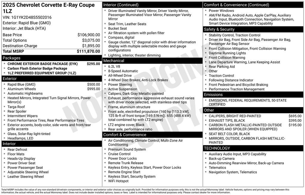New 2025 Chevrolet Corvette E-Ray w/ Chrome Exterior Badge Package image 6