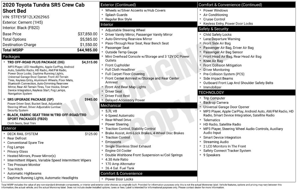 Used 2020 Toyota Tundra SR5 w/ TRD Off-Road Plus Package RWD image 7