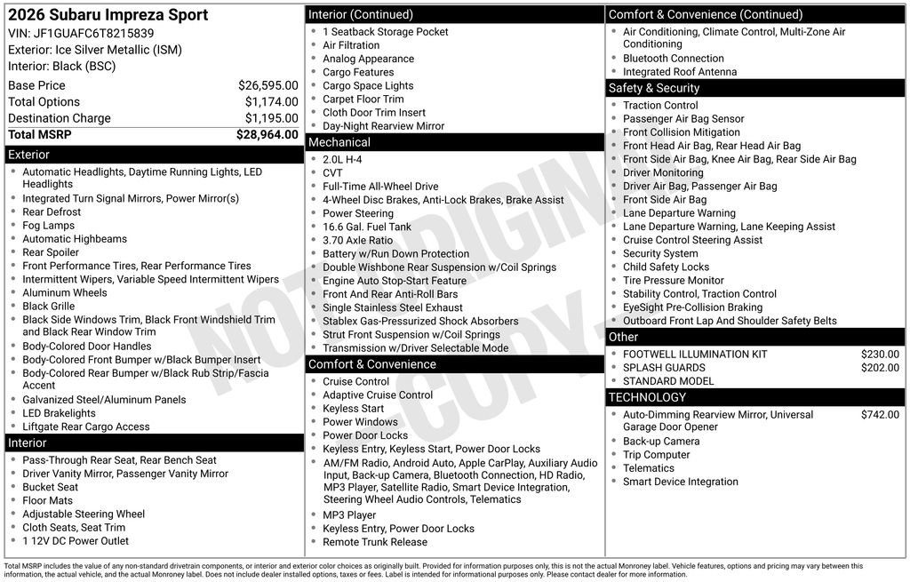New 2026 Subaru Impreza 2.0i Sport AWD/4WD image 2