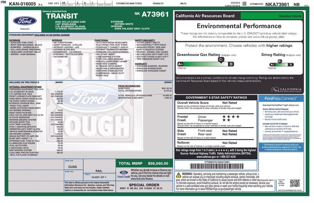 Certified 2022 Ford Transit 350 Low Roof AWD w/ Load Area Protection Package image 33