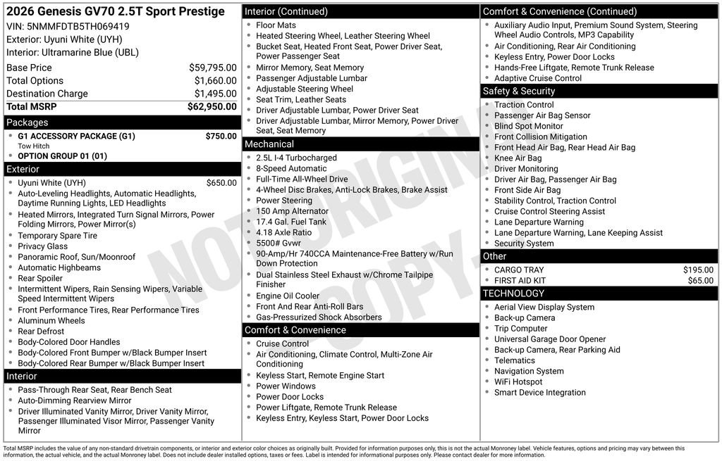 New 2026 Genesis GV70 2.5T Sport Prestige w/ G1 Accessory Package AWD/4WD image 3