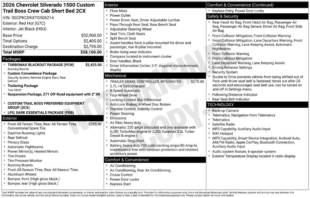 New 2026 Chevrolet Silverado 1500 Custom Trail Boss w/ Turbomax Blackout Package AWD/4WD image 8