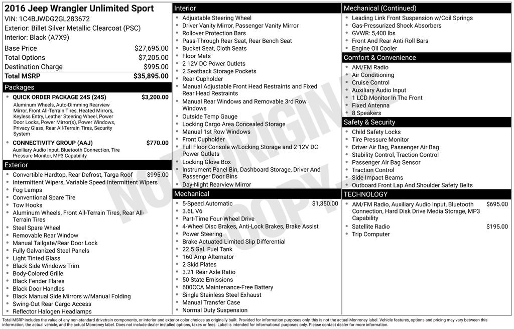 Used 2016 Jeep Wrangler Unlimited Sport w/ Quick Order Package 24S AWD/4WD image 7