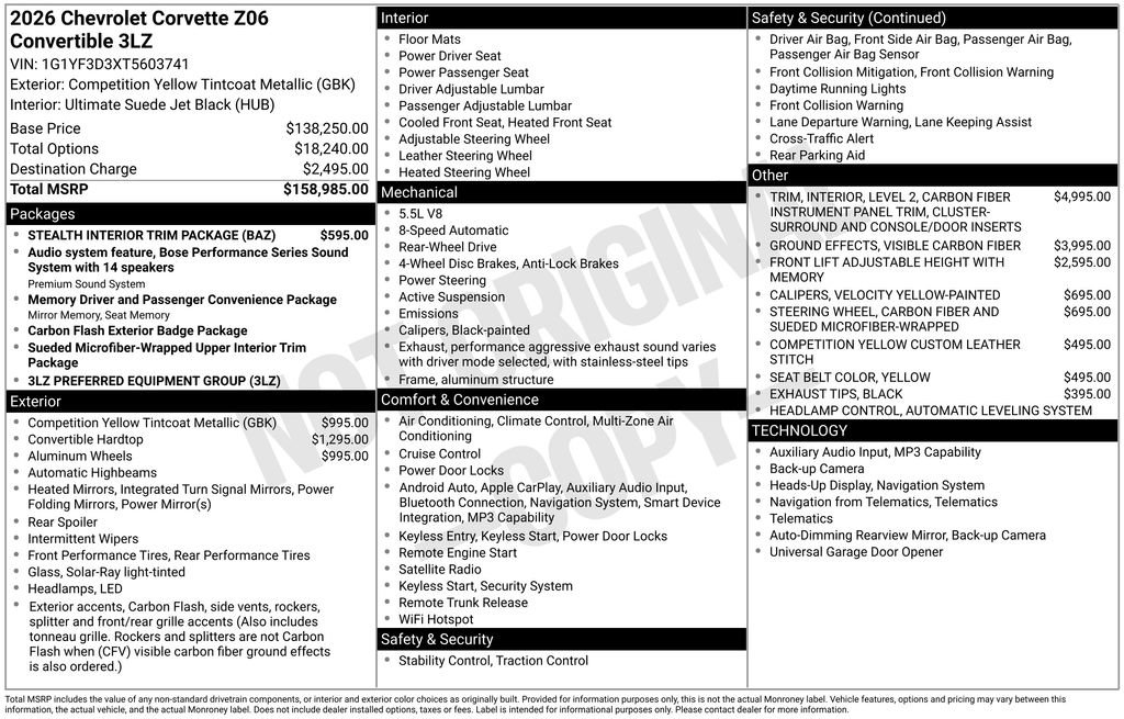 New 2026 Chevrolet Corvette Z06 w/ Stealth Interior Trim Package RWD image 11