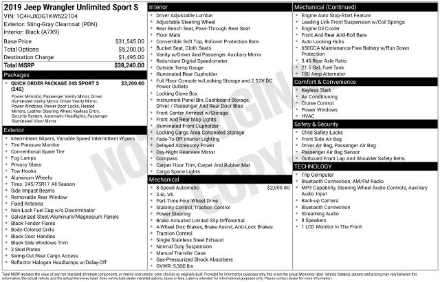 Used 2019 Jeep Wrangler Unlimited Sport S AWD/4WD image 22