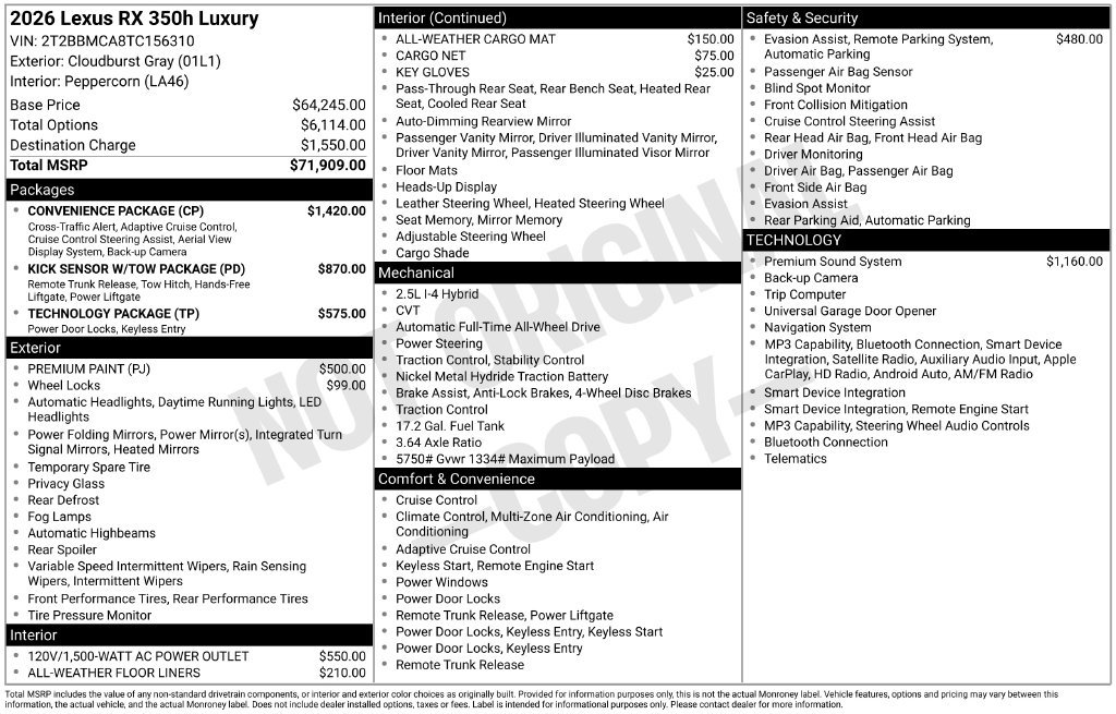 New 2026 Lexus RX 350 w/ Convenience Package AWD/4WD image 4