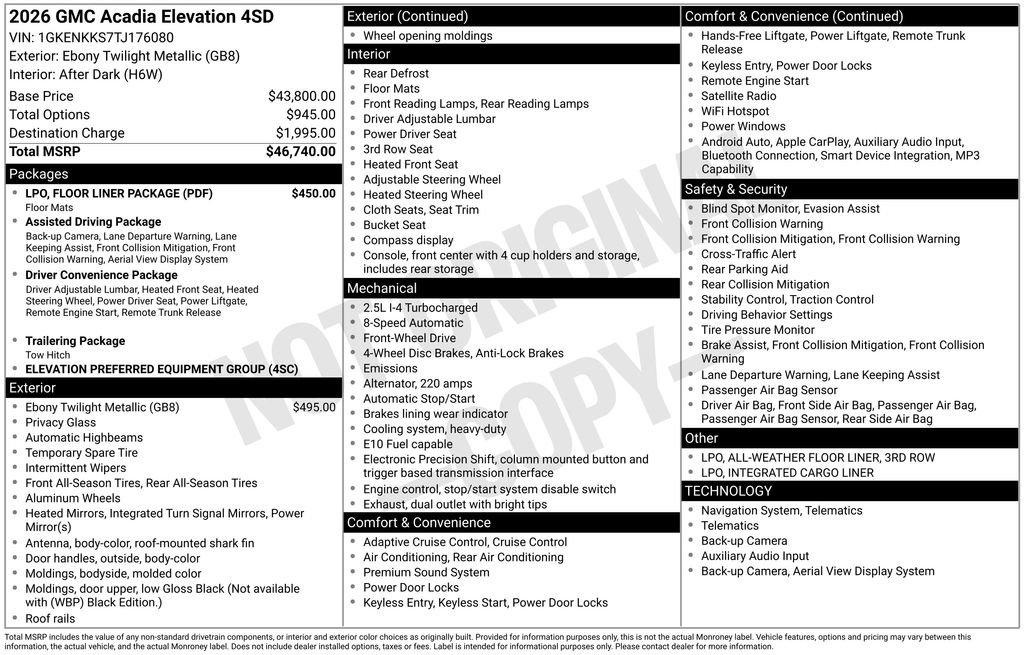 New 2026 GMC Acadia Elevation w/ LPO, Floor Liner Package FWD image 32
