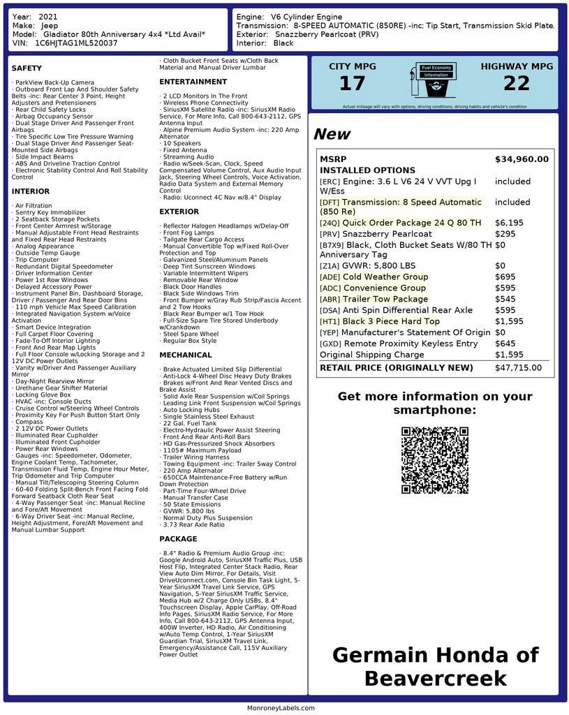 Used 2021 Jeep Gladiator Sport w/ Quick Order Package 24Q 80Th image 29