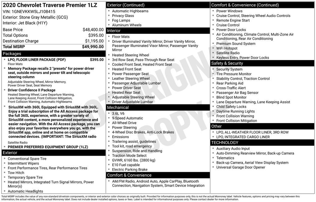 Used 2020 Chevrolet Traverse Premier w/ LPO, Floor Liner Package AWD/4WD image 12