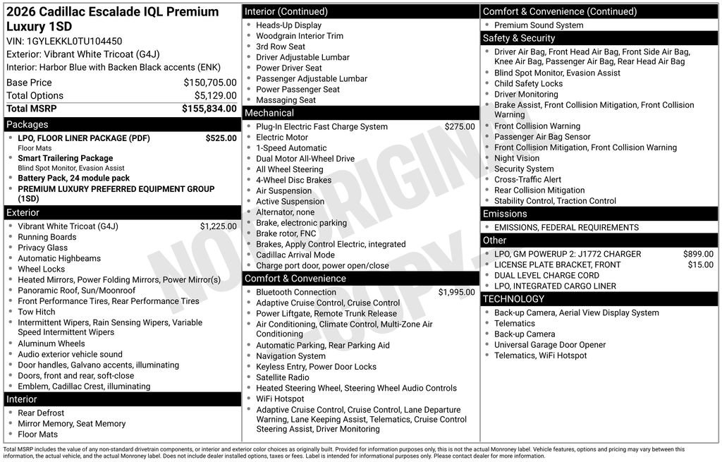 New 2026 Cadillac Escalade IQL Luxury w/ LPO, Floor Liner Package image 1
