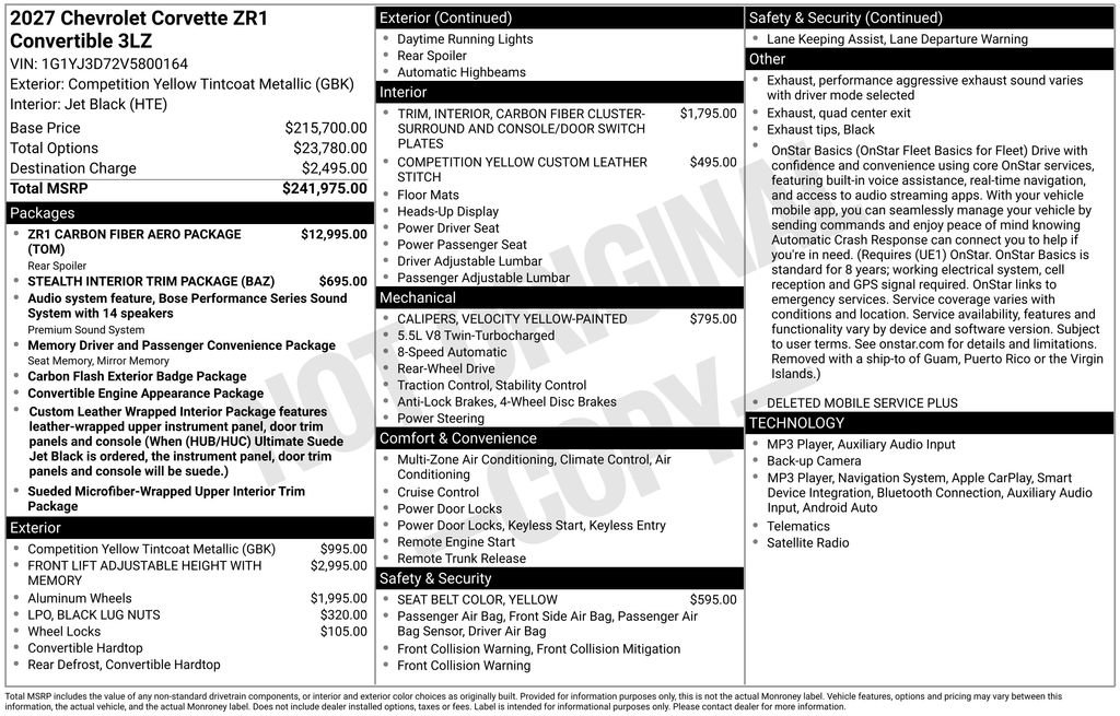 New 2027 Chevrolet Corvette ZR1 w/ ZR1 Carbon Fiber Aero Package RWD image 6