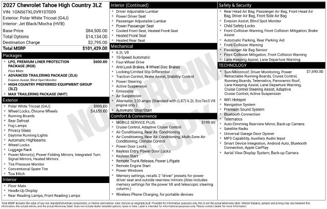 New 2027 Chevrolet Tahoe High Country AWD/4WD image 5