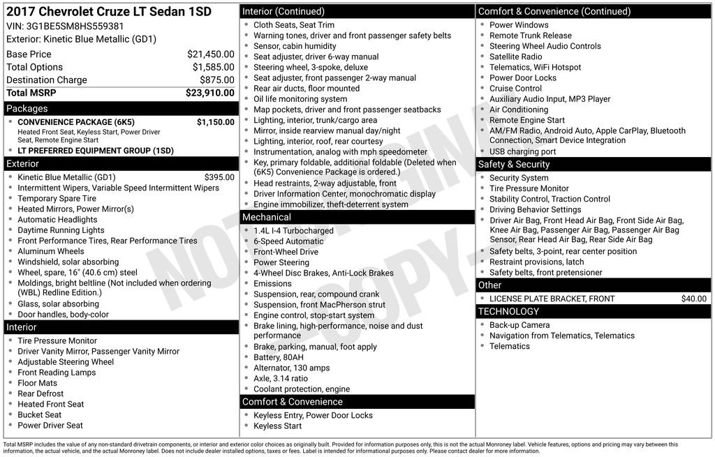 Used 2017 Chevrolet Cruze LT w/ Convenience Package image 5