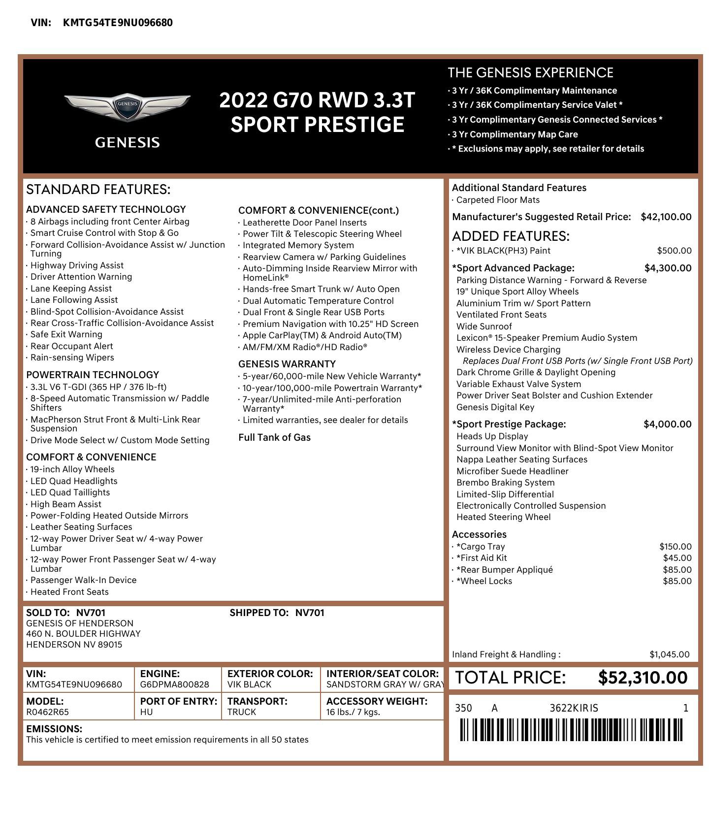 Used 2022 Genesis G70 3.3T RWD image 3