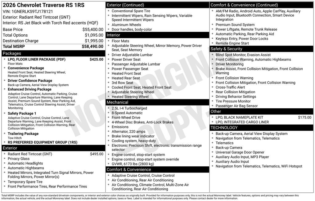 New 2026 Chevrolet Traverse RS w/ LPO, Floor Liner Package image 4