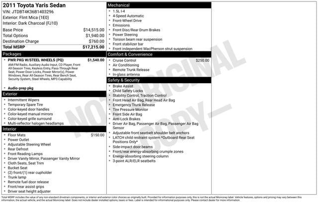 Used 2011 Toyota Yaris Sedan w/ PWR Pkg w/Steel Wheels FWD image 29