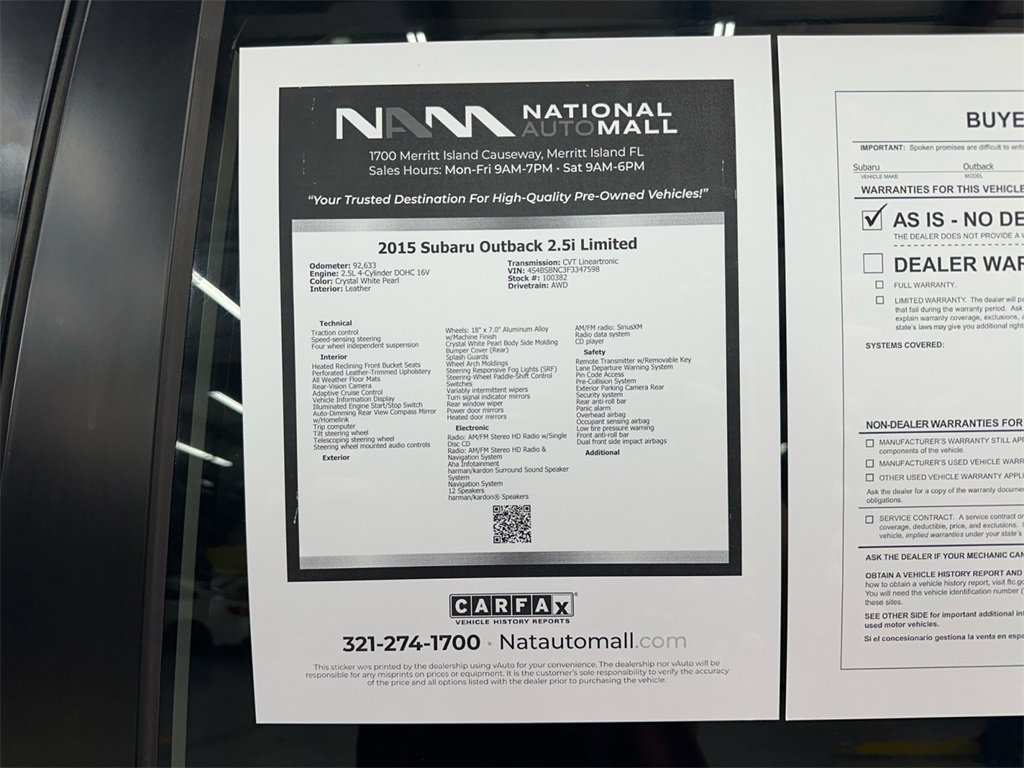 Used 2015 Subaru Outback 2.5i Limited image 48