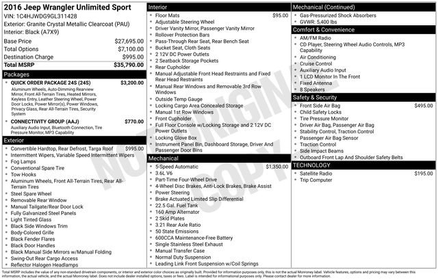 Used 2016 Jeep Wrangler Unlimited Sport w/ Quick Order Package 24S AWD/4WD image 10