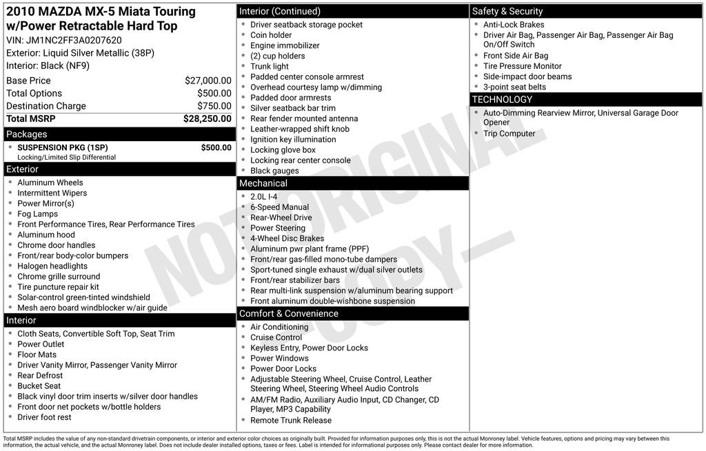 Used 2010 MAZDA MX-5 Miata Touring w/ Suspension Pkg RWD image 3